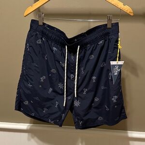 Men's Navy Swim Trunks with Nautical Motif and Drawstring